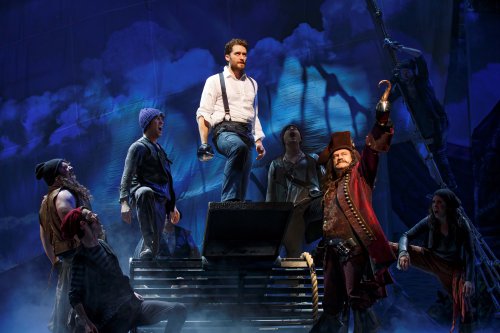 Matthew Morrison (center) and Kelsey Grammer (Captain Hook, front right) with the ensemble of “Finding Neverland” (Photo credit: Carol Rosegg)