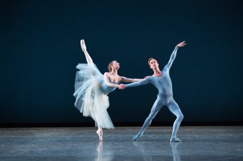 Simone Messmer and Rainer Krenstetter in a scene from Miami City Ballet’s production of Balanchine’s “Serenade” (Photo credit: Sasha Iziliaev)