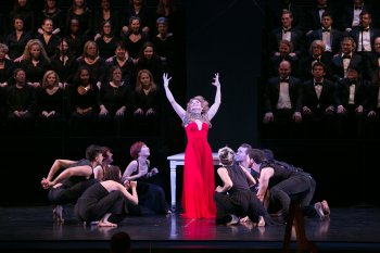 Victoria Clark as The Sorceress surrounded by the Doug Varone dancers in a scene from Dido and Aeneas (Photo credit: Erin Baiano)