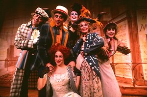 Jeff Keller, Michael McCormick, Polly Pen (seated) Lynn Eldredge, Merle Louise and Mara Beckerman as the sang “Circus of Voices” in the original Off Broadway production of “Charlotte Suite” (Photo credit: Liz Wolynski)