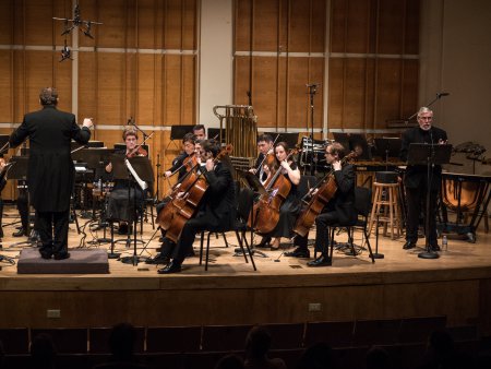 Music Director and conductor Erik Eino Ochsner and actor Edward Stone with SONOS Chamber Orchestra at Merkin Hall (Photo credit: Paul Olivier Doury)