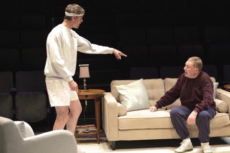 Stephen Billington and Russell Dixon in a scene from Alan Ayckbourn’s “Hero’s Welcome” (Photo credit: Tony Bartholomew)