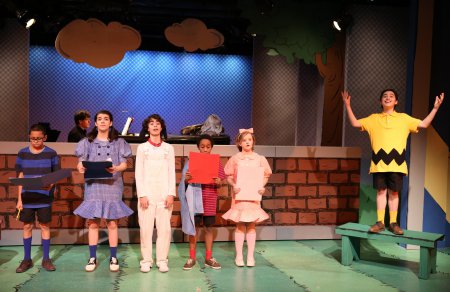 The Peanuts Gang (Gregory Diaz, Mavis Simpson-Ernst, Aiden Gemme, Jeremy T. Villas, Milly Shapiro and Joshua Colley) in a scene from York Theatre Company’s revival of “You’re a Good Man, Charlie Brown” (Photo credit: Carol Rosegg)