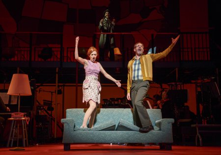 Kate Weatherhead, Skylar Astin and Kevin Del Aguila sing “The Rhode Island Tango” in a scene from “Kurt Vonnegut’s God Bless You, Mr. Rosewater” (Photo credit: Joan Marcus)