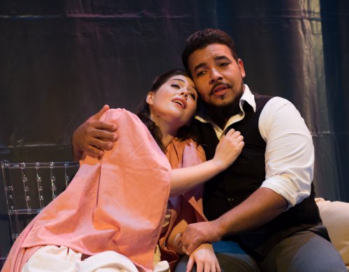 Bonnie Frauenthal and Jose Heredia in a scene from Dell’Arte Opera Ensemble’s production of “La Traviata” (Photo credit: Mark Brown)