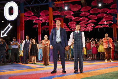 Jose Llana as Orsino and Nikki M. James as Viola (center) with the company of “Twelfth Night” in the Public Theater’s free Public Works production (Photo credit: Joan Marcus)