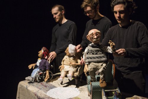 Rowan Magee, Robert Stevenson and Nicholas Lehane with puppets designed by Spencer Lott for “Blossom” (Photo credit: Maria Baranova)