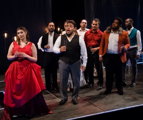 The Company of Dell’Arte Opera Ensemble’s production of “La Traviata” in the first act party scene (Photo credit: Mark Brown)