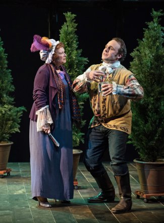 Cynthia Darlow and Richard Thieriot in a scene from TACT’s revival of “She Stoops to Conquer” (Photo credit: Marielle Solan)