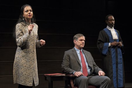 Mahira Kakkar, Tony Carlin and Michael Rogers in a scene from “The Trial of an American President” (Photos credit: Ken Nahoum)