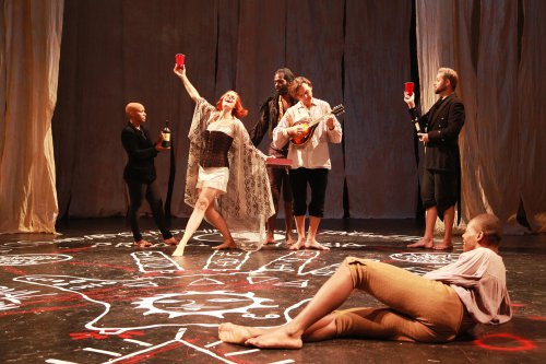 Ashley Winkfield, Katie Melby, Equiano, Andrew Lynch, Benjamin Stuber and Demetrius Stewart in a scene from “Phantasmagoria; or, Let Us Seek Death!” (Photo credit: Theo Cote)