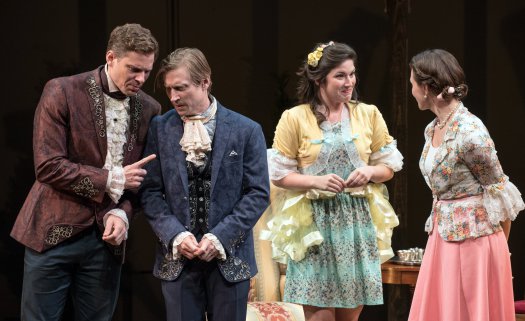 Tony Roach, Jeremy Beck, Justine Salata and Mairin Lee in a scene from TACT’s revival of “She Stoops to Conquer” (Photo credit: Marielle Solan)