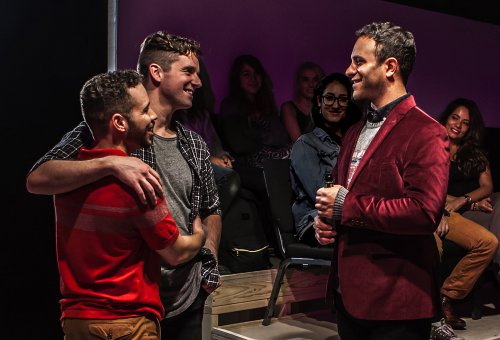 Robin De Jesús, Michael Urie and Aaron Costa Ganis in a scene from “Homos, Or Everyone in America” (Photo credit: Monique Carboni)