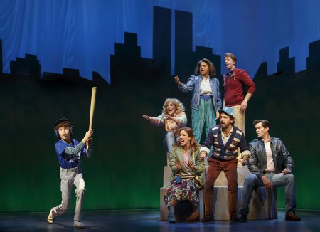 Anthony Rosenthal, Betsy Wolfe, Stephanie J. Block, Tracie Thoms, Brandon Uranowitz, Christian Borle and Andrew Rannells in a scene from “Falsettos” (Photo credit: Joan Marcus)