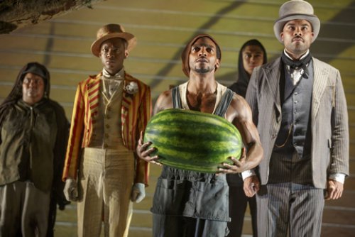 Patrena Murray, Jamar Williams, Daniel J. Watts, Reynaldo Piniella and David Ryan Smith in a scene from “The Death of the Last Black Man in the Whole Entire World AKA The Negro Book of the Dead” (Photo credit: Joan Marcus)