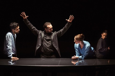 César Faria Fernandes, Fernando Hernando Magadan, Imre van Opstal and Rena Narumi in a scene from Nederlands Dans Theater’s “The Statement” (Photo credit: Rahi Rezvani)