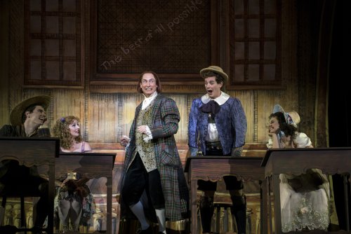 Jay Armstrong Johnson, Jessica Tyler Wright, Gregg Edelman, Keith Phares, and Meghan Picerno in a scene from the New York City Opera’s revival of “Candide” (Photo credit: Sarah Shatz)