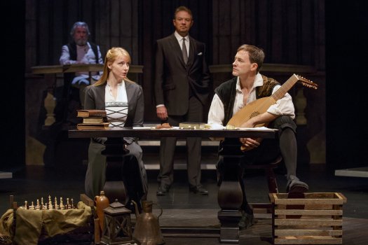 John Michalski, Kersti Bryan, Paul Schoeffler and Fletcher McTaggart in a scene from “Martin Luther on Trial” (Photo credit: Joan Marcus)