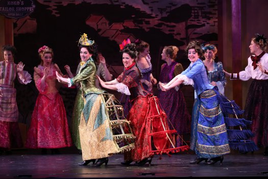 Sarah Caldwell Smith, Amy Maude Helfer and Alexandra Haines as the “Three Little Maids from School” in a scene from New York Gilbert & Sullivan Players’ new production of “The Mikado” (Photo credit: Carol Rosegg)