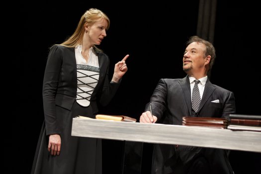 Kersti Bryan as Katie Von Bora and Paul Schoeffler as The Devil in a scene from “Martin Luther on Trial” (Photo credit: Joan Marcus)