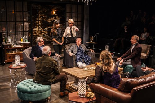 Matthew Broderick, Annapurna Sriram, Jill Eikenberry, Wallace Shawn, John Epperson, Claudia Shear and Michael Tucker (clockwise from far left) in a scene from “Evening at the Talk House” (Photo credit: Monique Carboni)