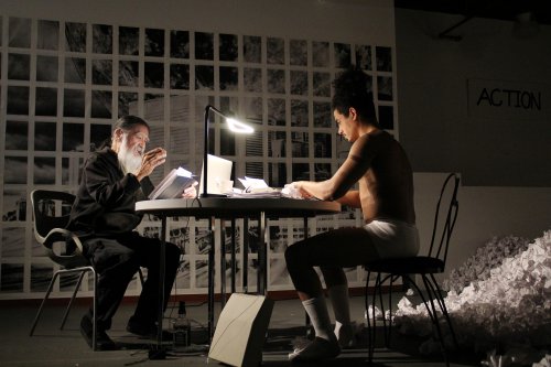 Agosto Machado and John Guttierez in a scene from Robert Patrick’s “Hi-Fi | Wi-Fi | Sci-Fi” (Photo credit: Minji Lee)