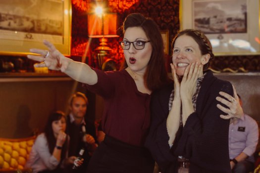 Leah Walsh and Amanda Sykes in a scene from “Drunkle Vanya” at Tolstoy’s Lounge at the Russian Samovar (Photo credit:  Britannie Bond)
