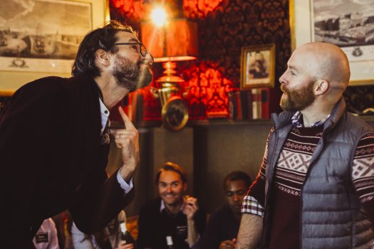 Sean Tarrant and Joel Rainwater in a scene from “Drunkle Vanya” at Tolstoy’s Lounge at the Russian Samovar (Photo credit:  Britannie Bond)