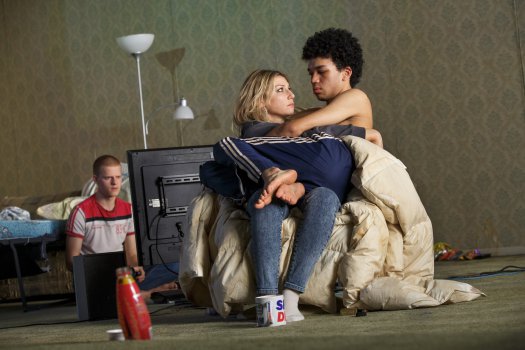 Lucas Hedges, Ari Graynor and Justice Smith in a scene from “Yen” (Photo credit: Joan Marcus)
